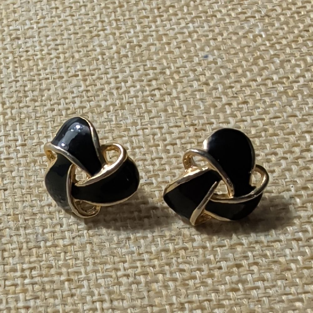 Vintage Gold Toned Black Enamel Infinity Knot Pierced Earrings